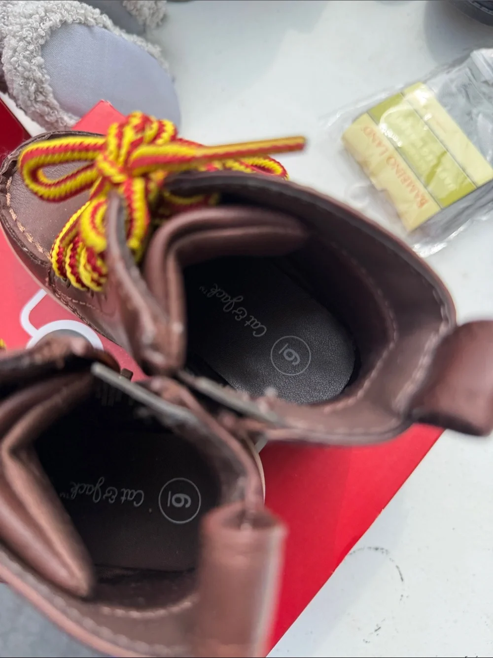 Cat & Jack Kids Brown Leather Boot with Yellow-Red Contrast Laces